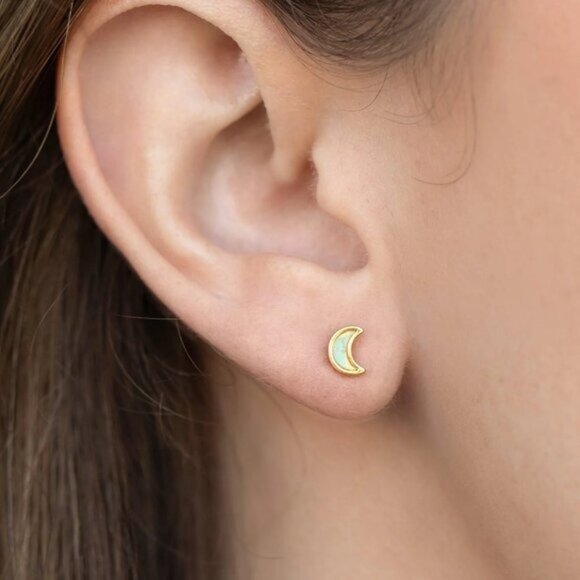 Dainty Opal Stud Earrings Pretty Opal Ear Stack Celestial Earrings Moon Studs - Picture 8 of 13